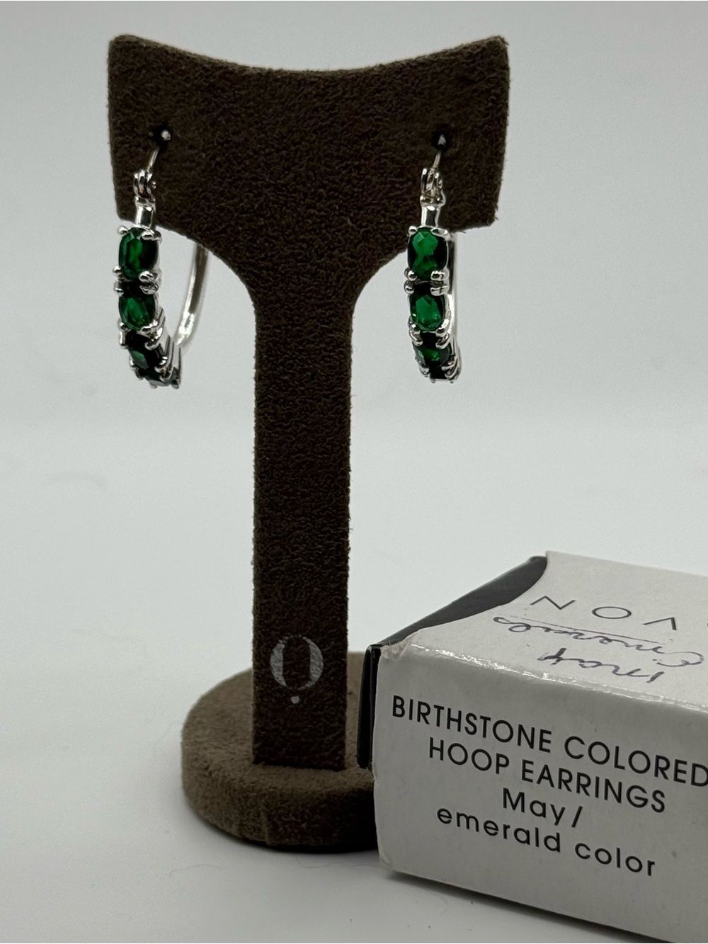 Avon May Emerald Colored Hoop Earrings - Silver Tone